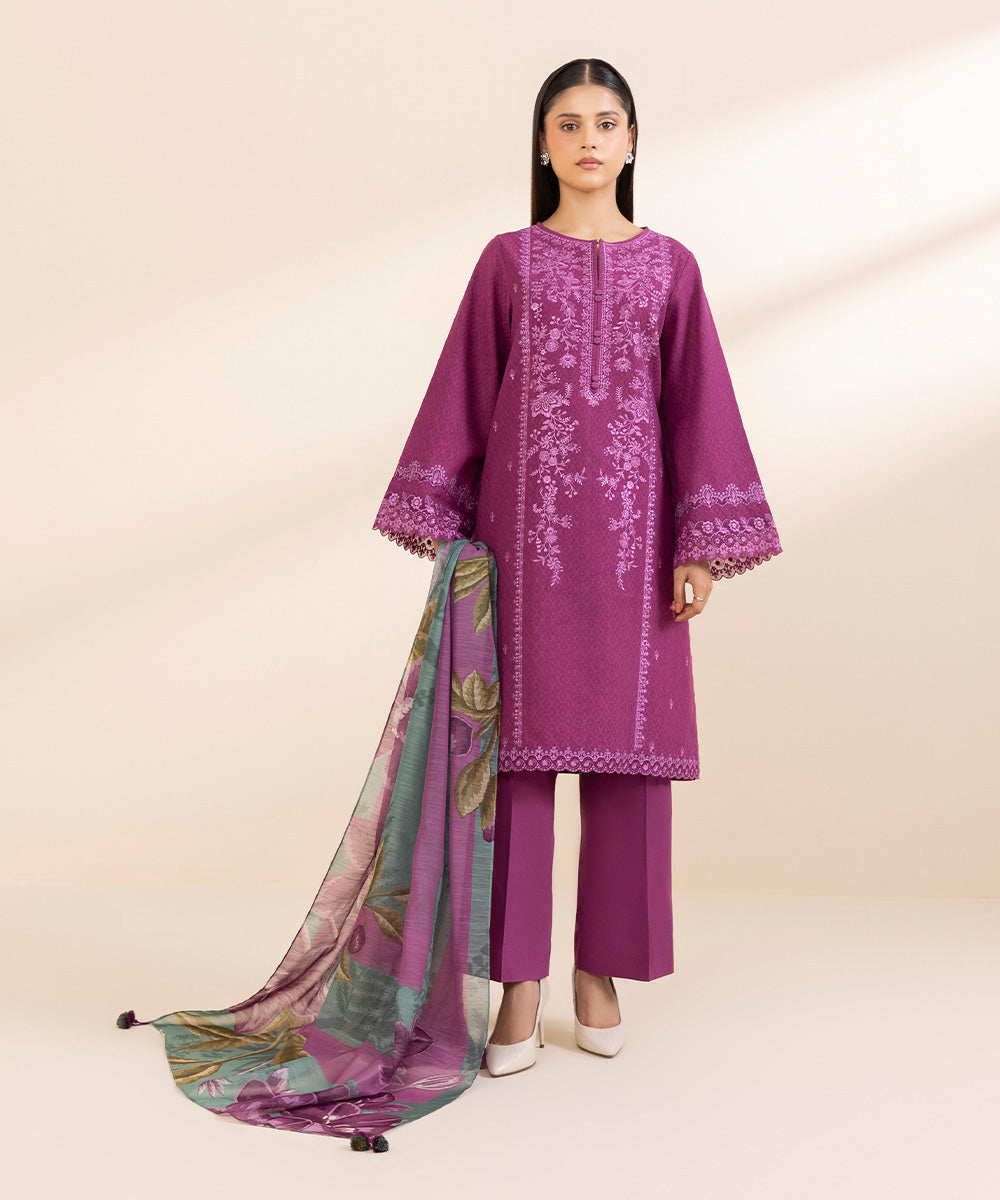 Women's Unstitched Cotton Jacquard Embroidered Purple 3 Piece Suit