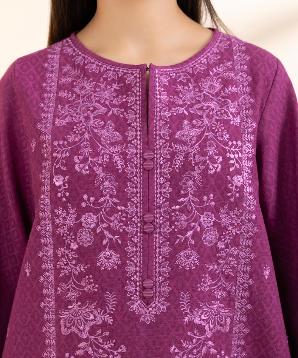 Women's Unstitched Cotton Jacquard Embroidered Purple 3 Piece Suit