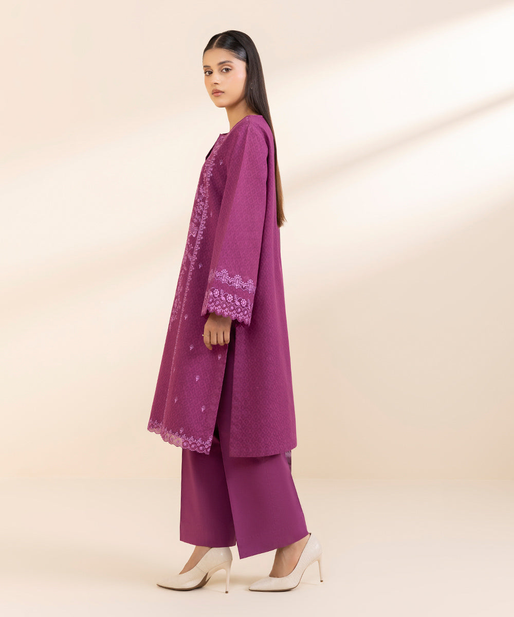 Women's Unstitched Cotton Jacquard Embroidered Purple 3 Piece Suit