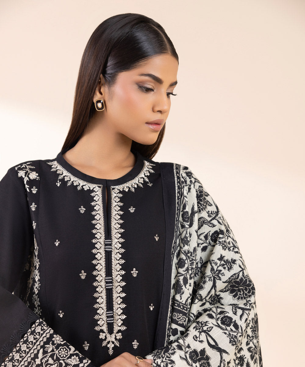 Women's Unstitched Khaddar Embroidered Black 3 Piece Suit