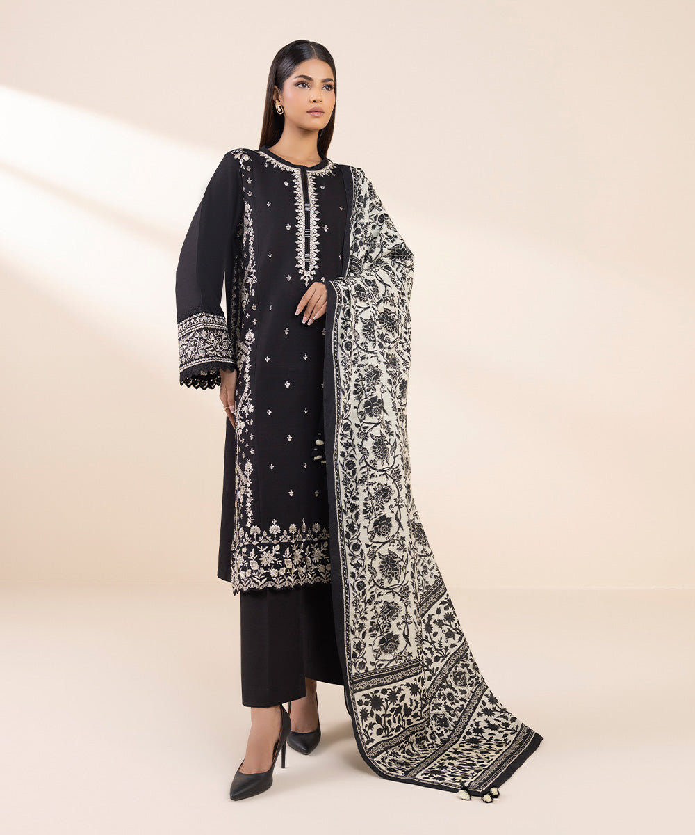 Women's Unstitched Khaddar Embroidered Black 3 Piece Suit