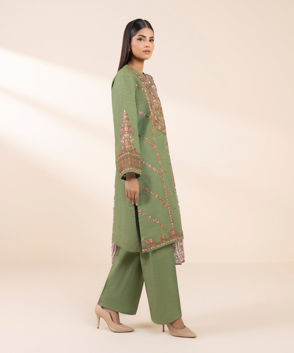 Women's Unstitched Khaddar Embroidered Green 3 Piece Suit