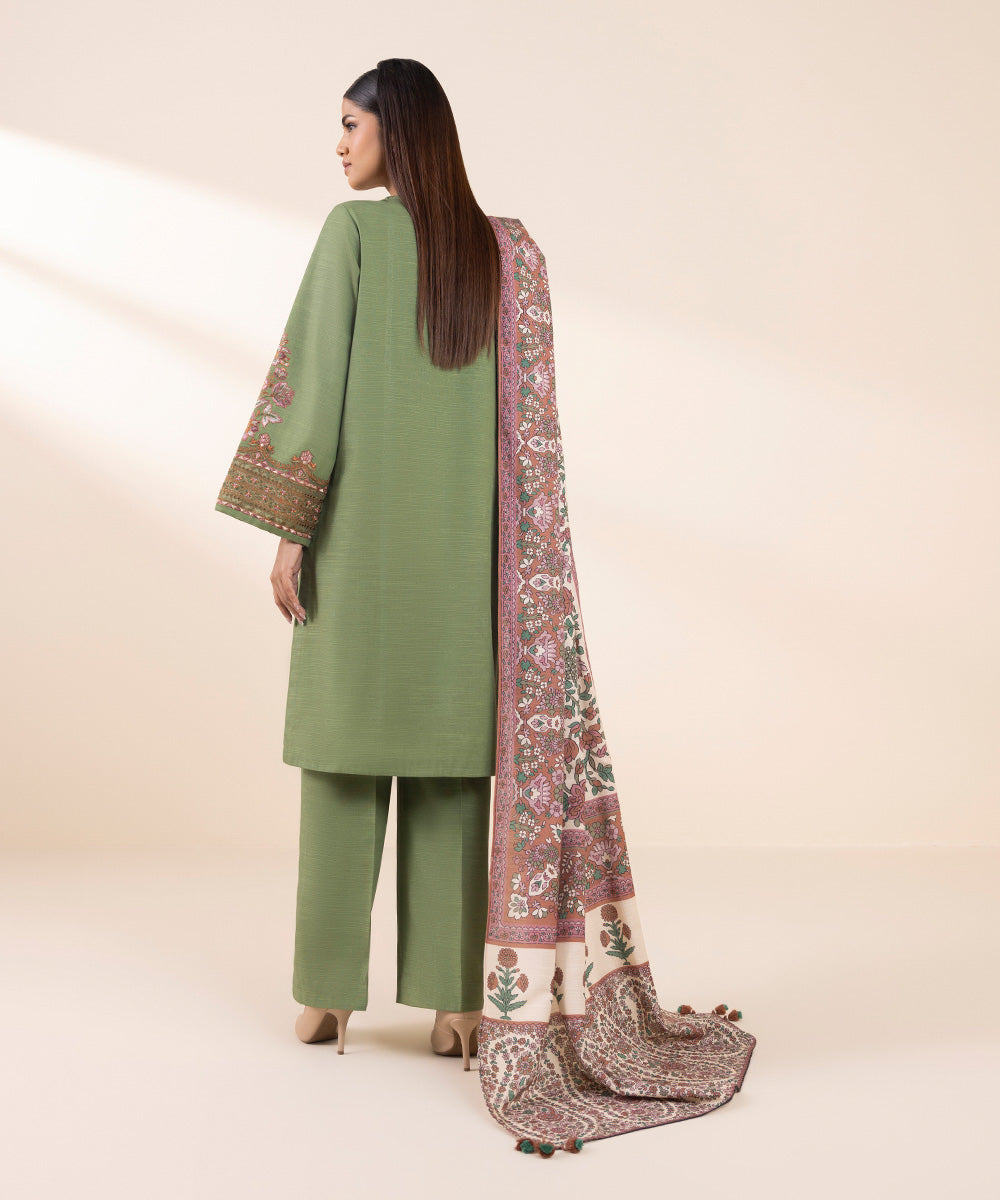 Women's Unstitched Khaddar Embroidered Green 3 Piece Suit