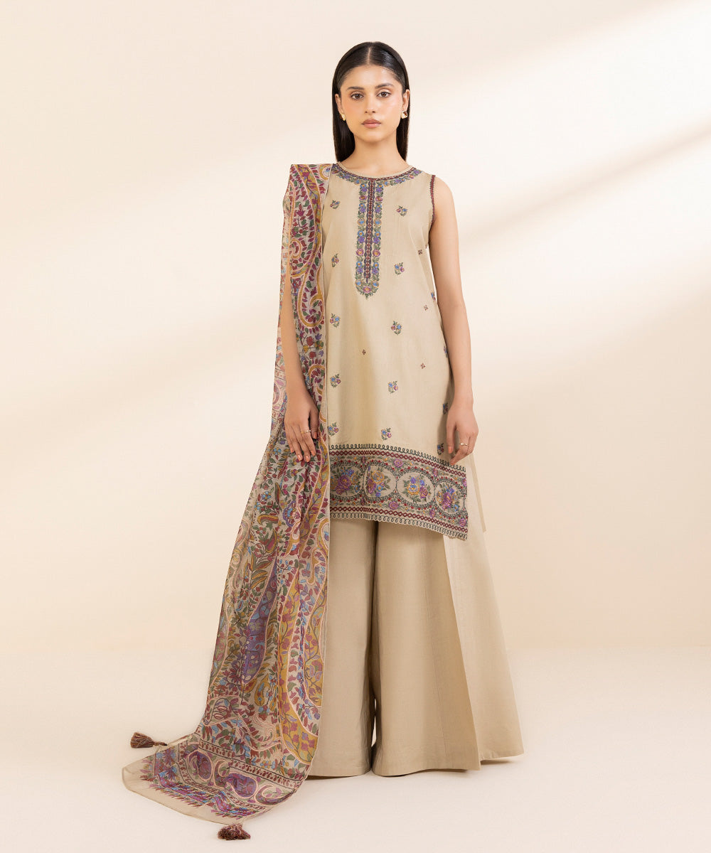 Women's Unstitched Fine Cotton Satin Embroidered Beige 3 Piece Suit