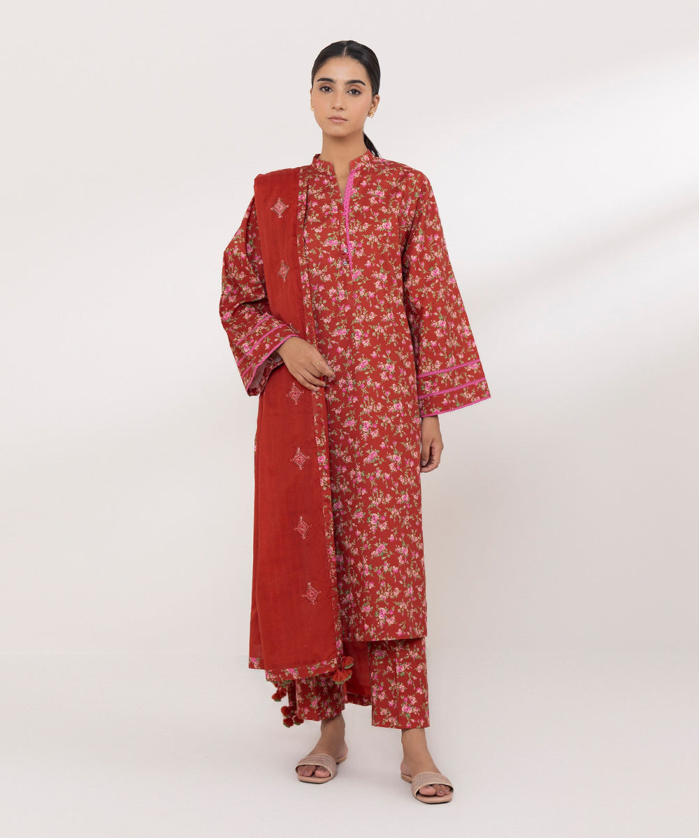 Women's Pret Cotton Printed Red Straight Shirt