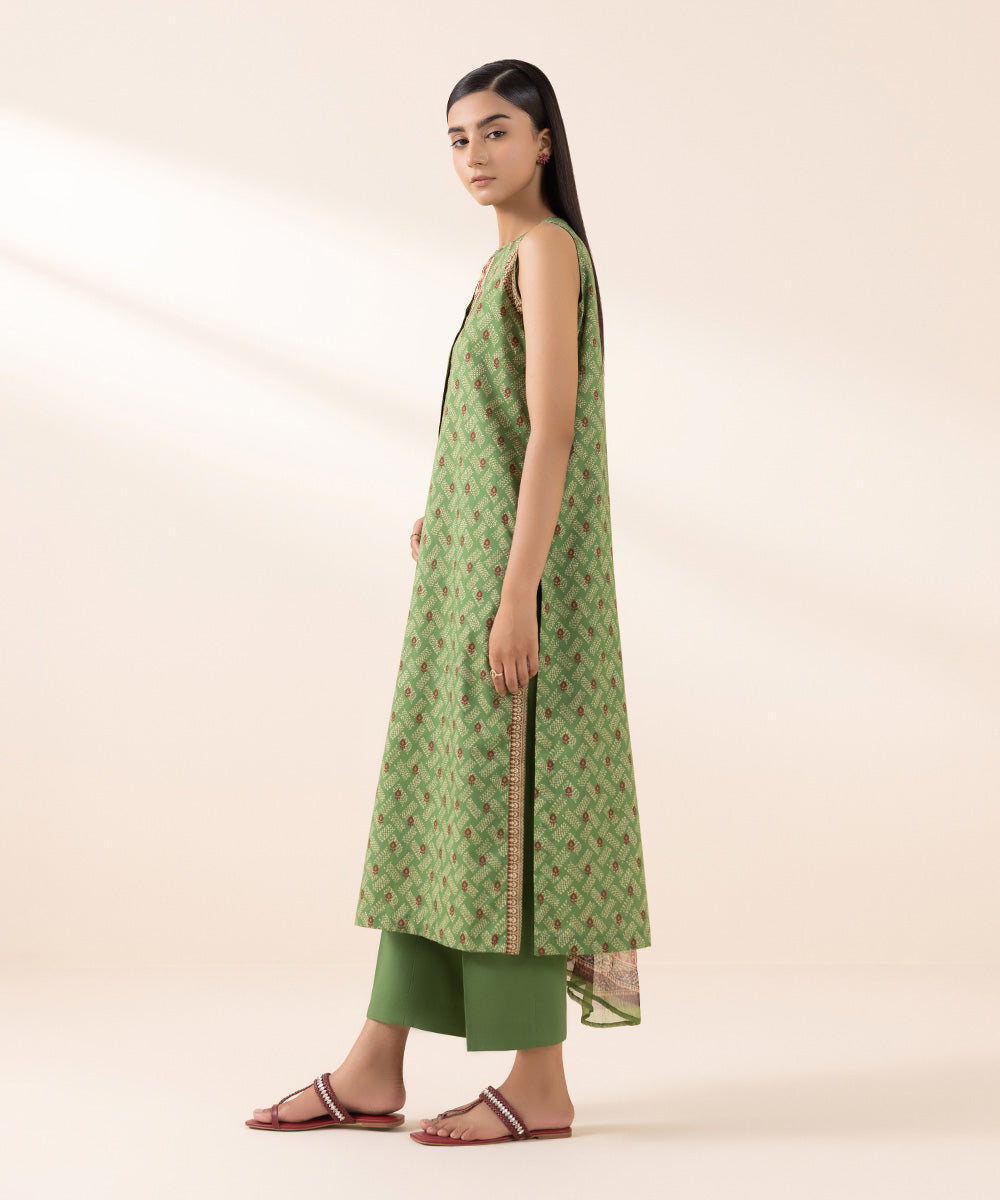 Women's Unstitched Lawn Green Printed 3 Piece Suit