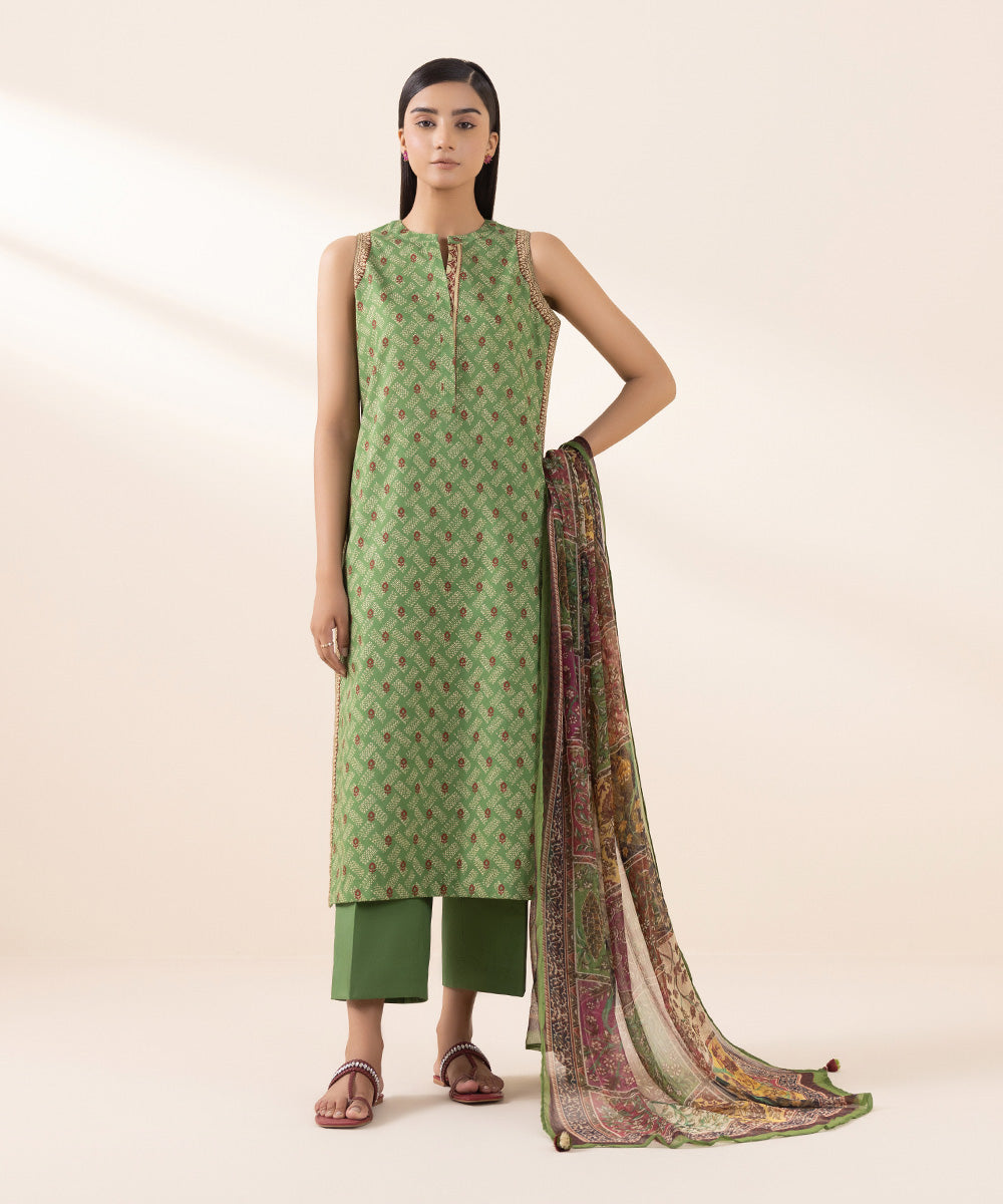 Women's Unstitched Lawn Green Printed 3 Piece Suit