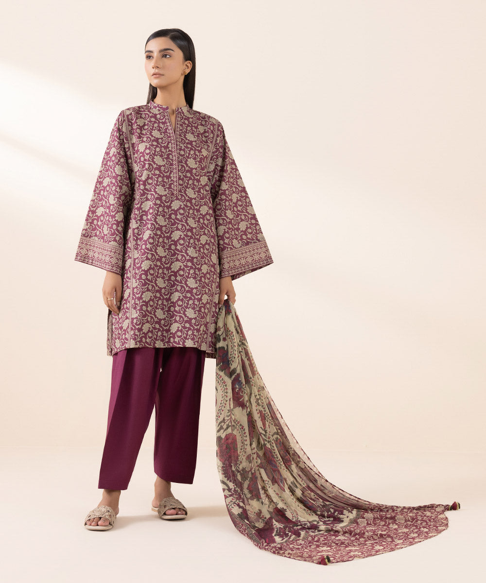 Women's Unstitched Lawn Red Printed 3 Piece Suit