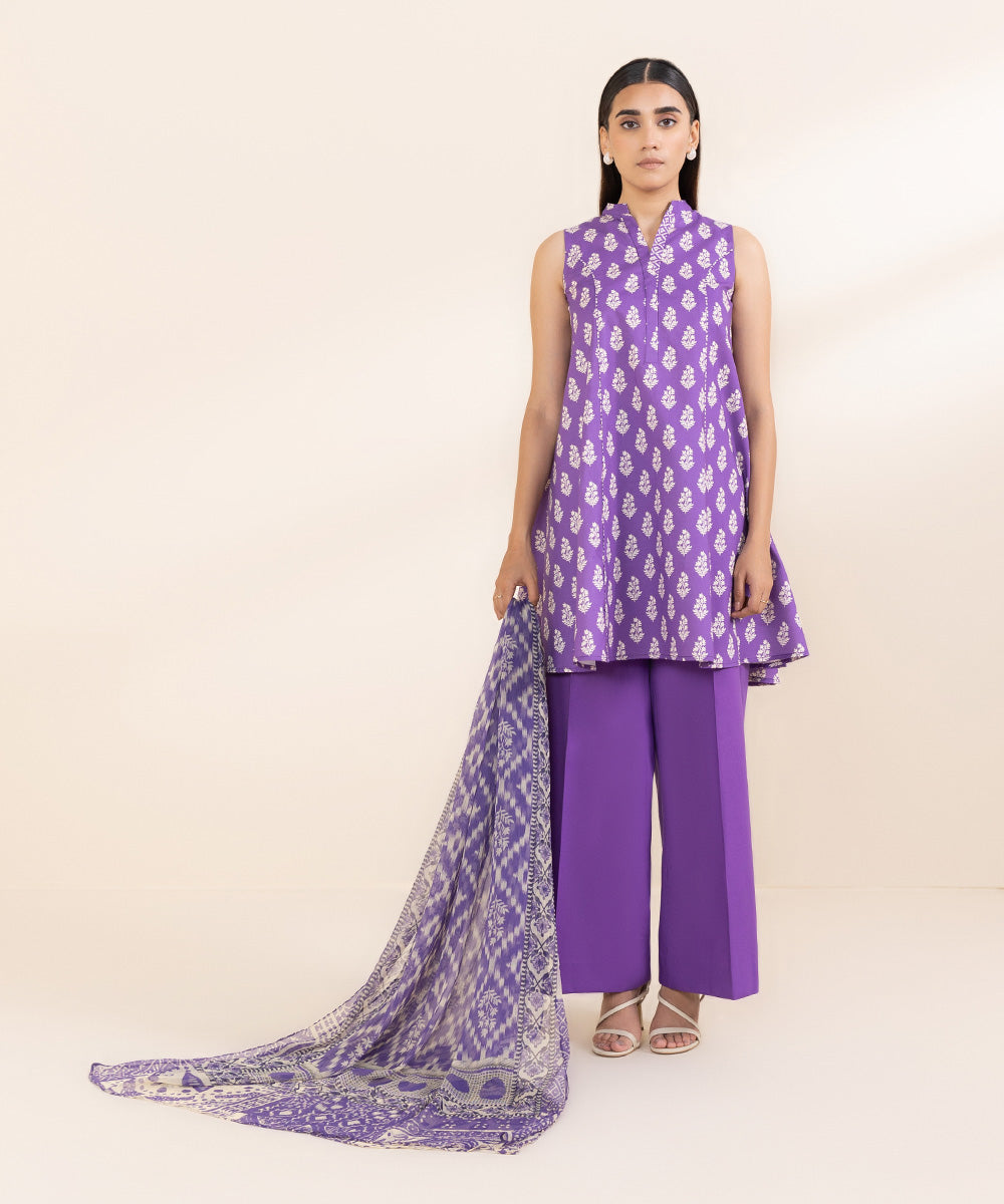 Women's Unstitched Lawn Purple Printed 3 Piece Suit