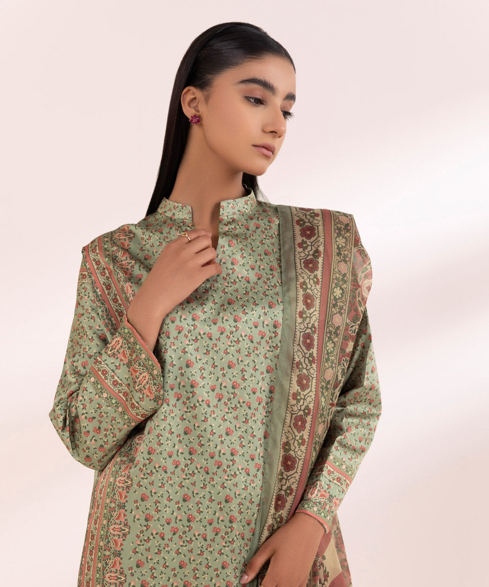 Women's Unstitched Blended Satin Green Printed 3 Piece Suit