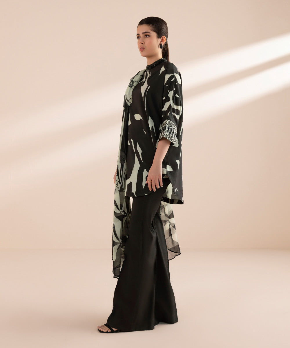 Women's Unstitched Blended Grip Silk Black Printed 3 Piece Suit
