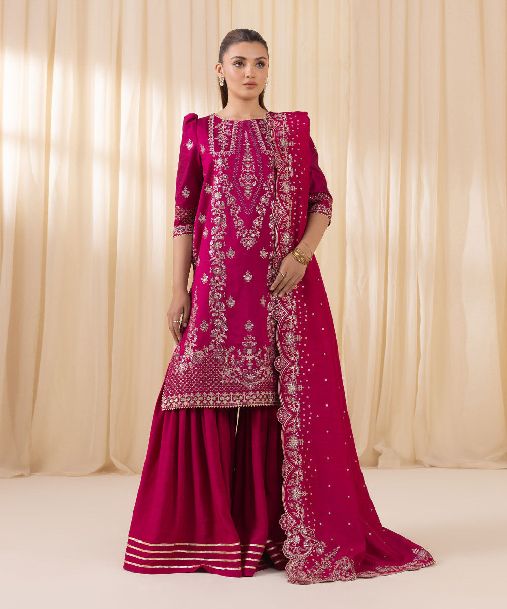 Women's Unstitched Pink Cotton Net Three Piece Suit