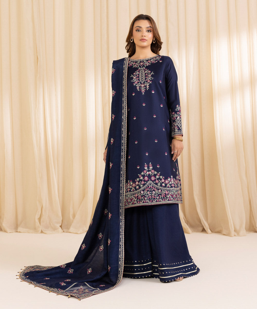 Women's Unstitched Midnight Blue Cotton Net Three Piece Suit