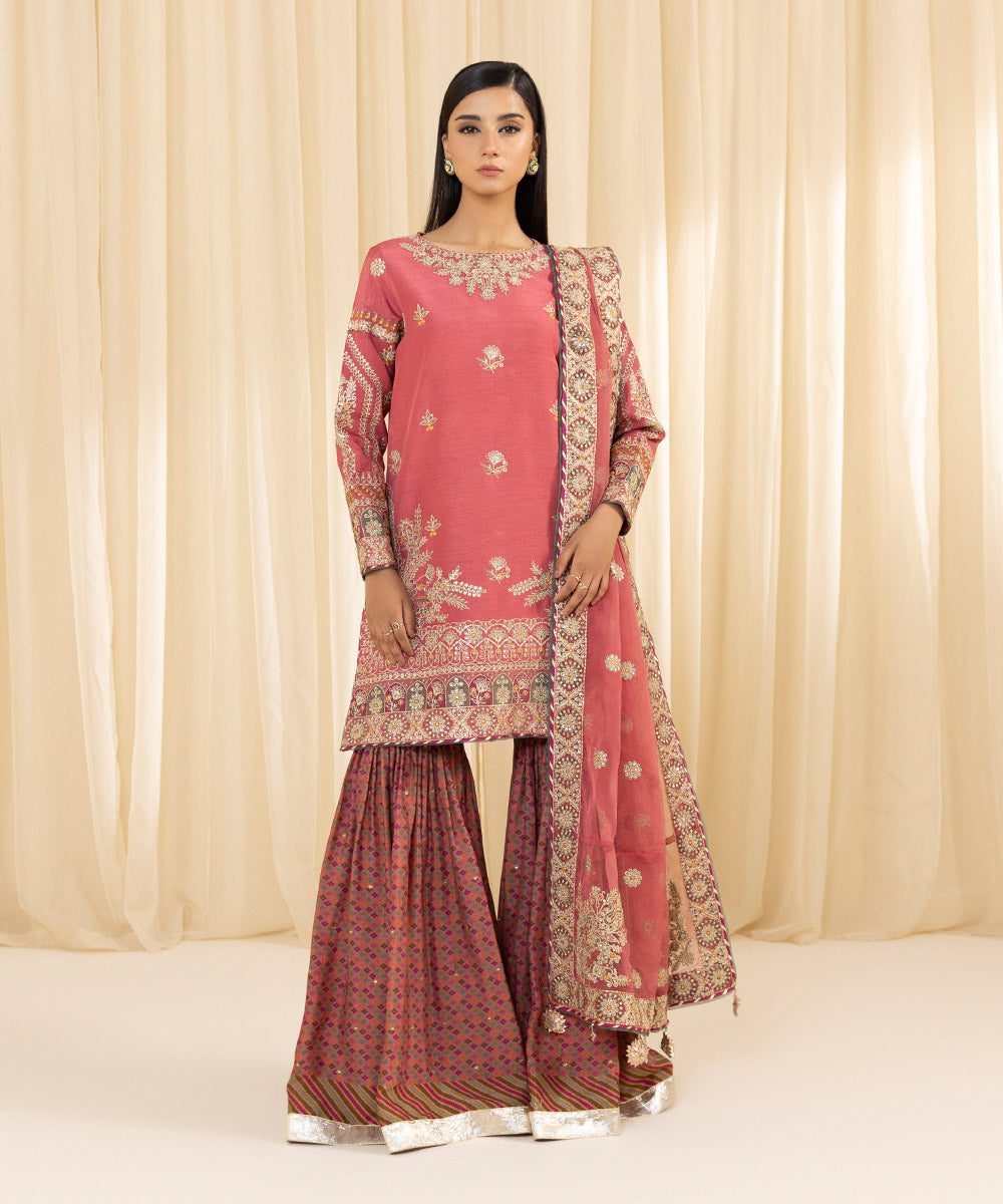 Women's Unstitched Embroidered Viscose Raw Silk Pink 3 Piece Suit