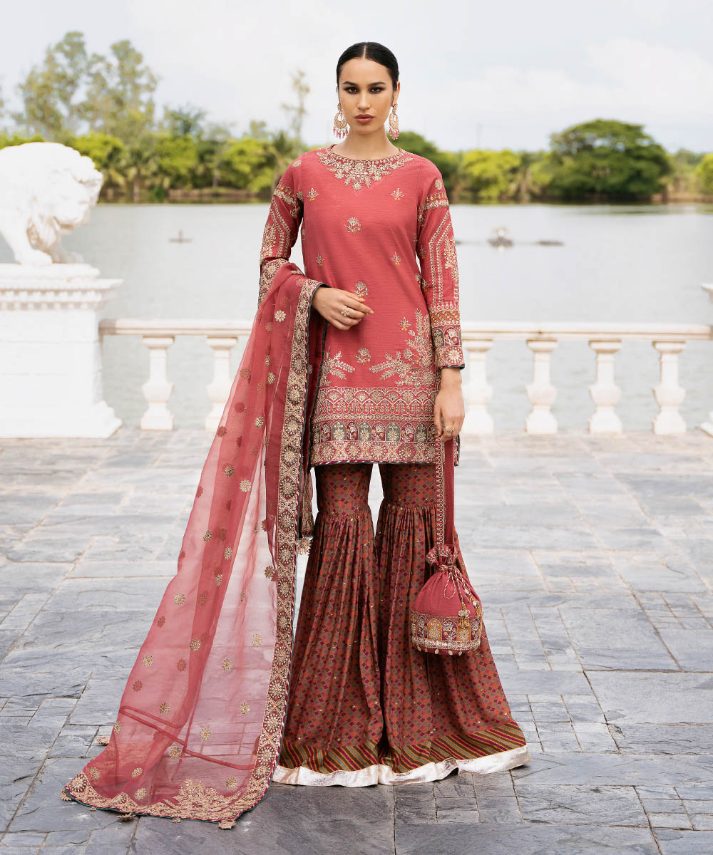 Women's Unstitched Embroidered Viscose Raw Silk Pink 3 Piece Suit