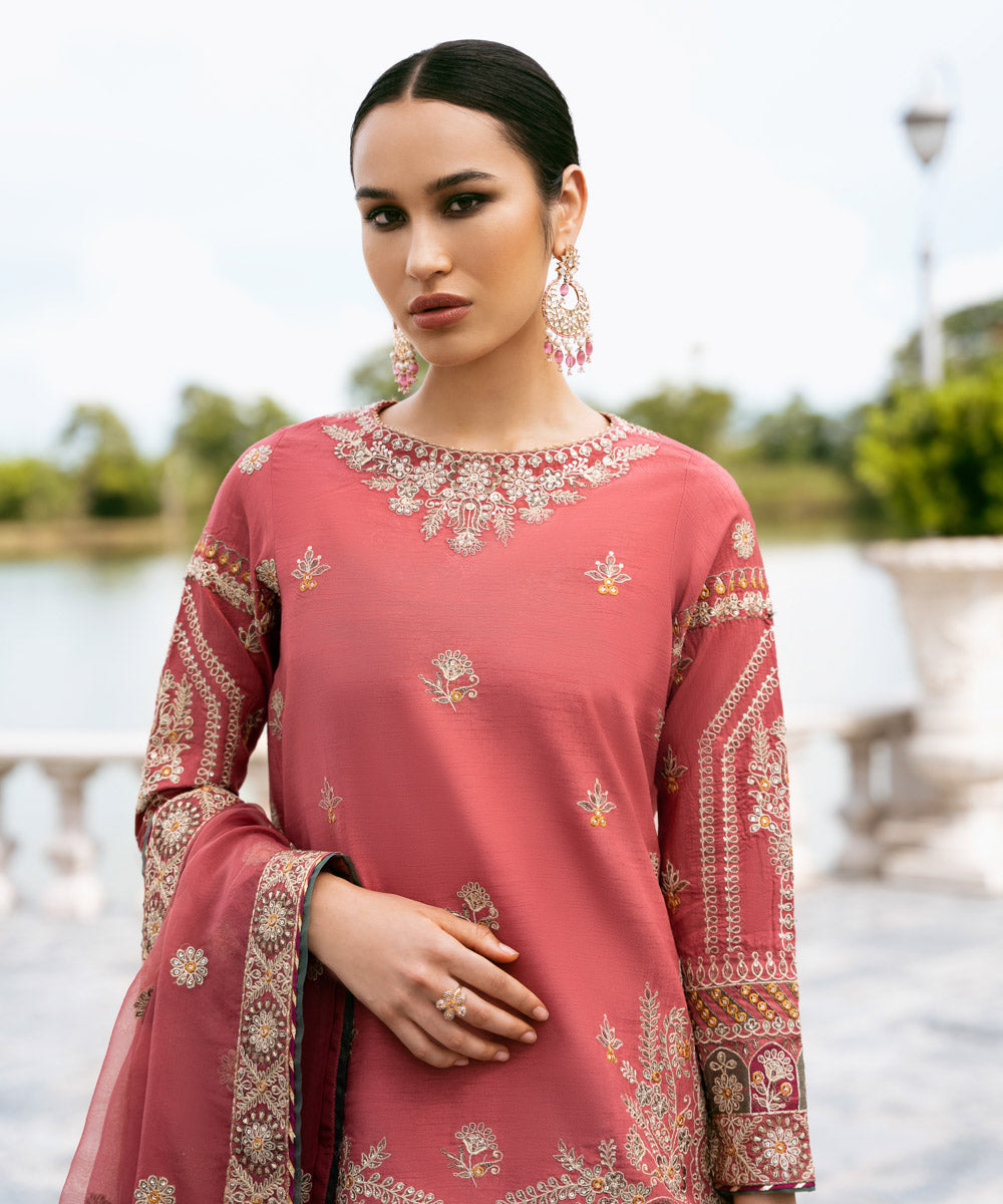 Women's Unstitched Embroidered Viscose Raw Silk Pink 3 Piece Suit