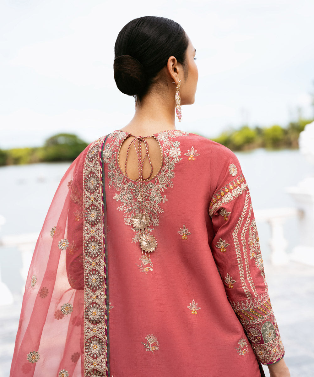 Women's Unstitched Embroidered Viscose Raw Silk Pink 3 Piece Suit