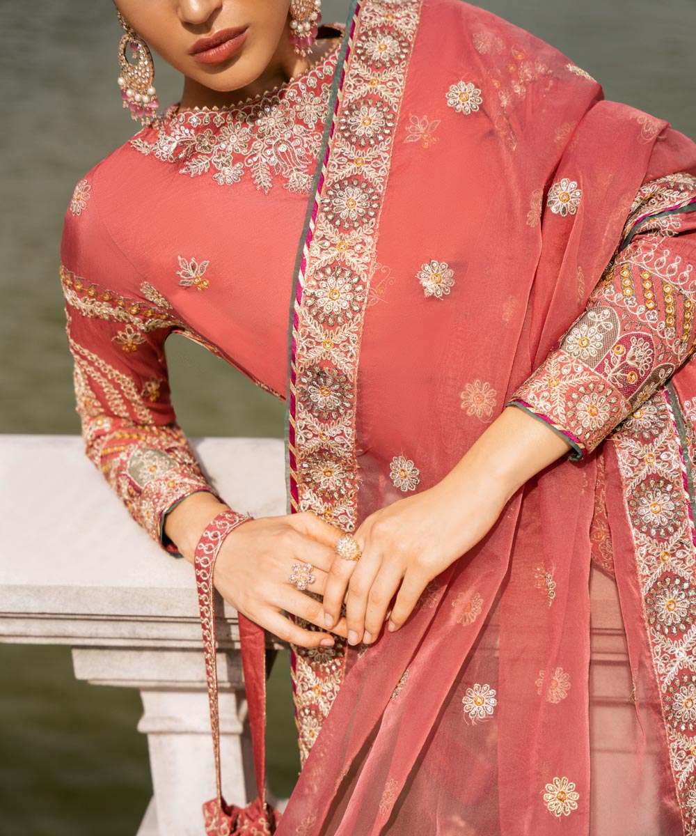 Women's Unstitched Embroidered Viscose Raw Silk Pink 3 Piece Suit