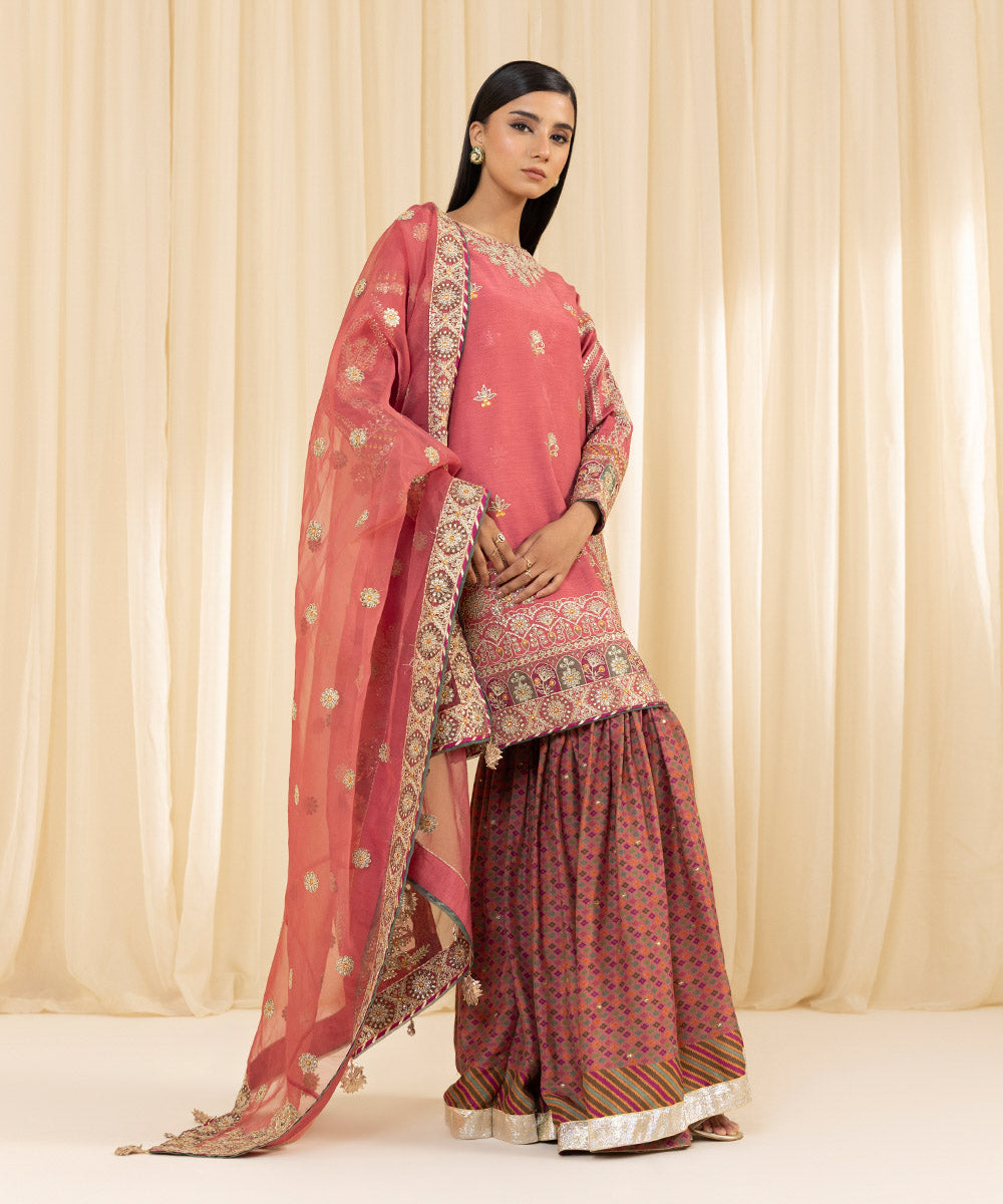 Women's Unstitched Embroidered Viscose Raw Silk Pink 3 Piece Suit