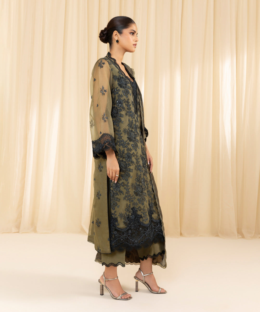 Women's Unstitched Embroidered Blended Organza Green 3 Piece Suit