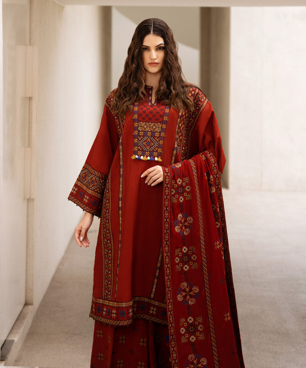 Women's Unstitched Embroidered Viscose Raw Silk Red 3 Piece Suit