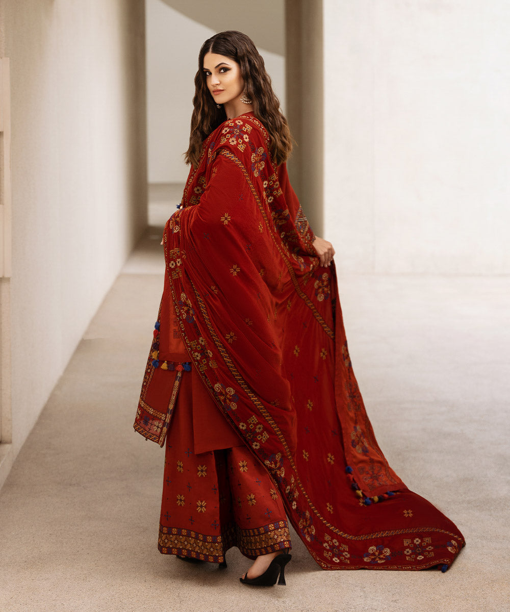 Women's Unstitched Embroidered Viscose Raw Silk Red 3 Piece Suit