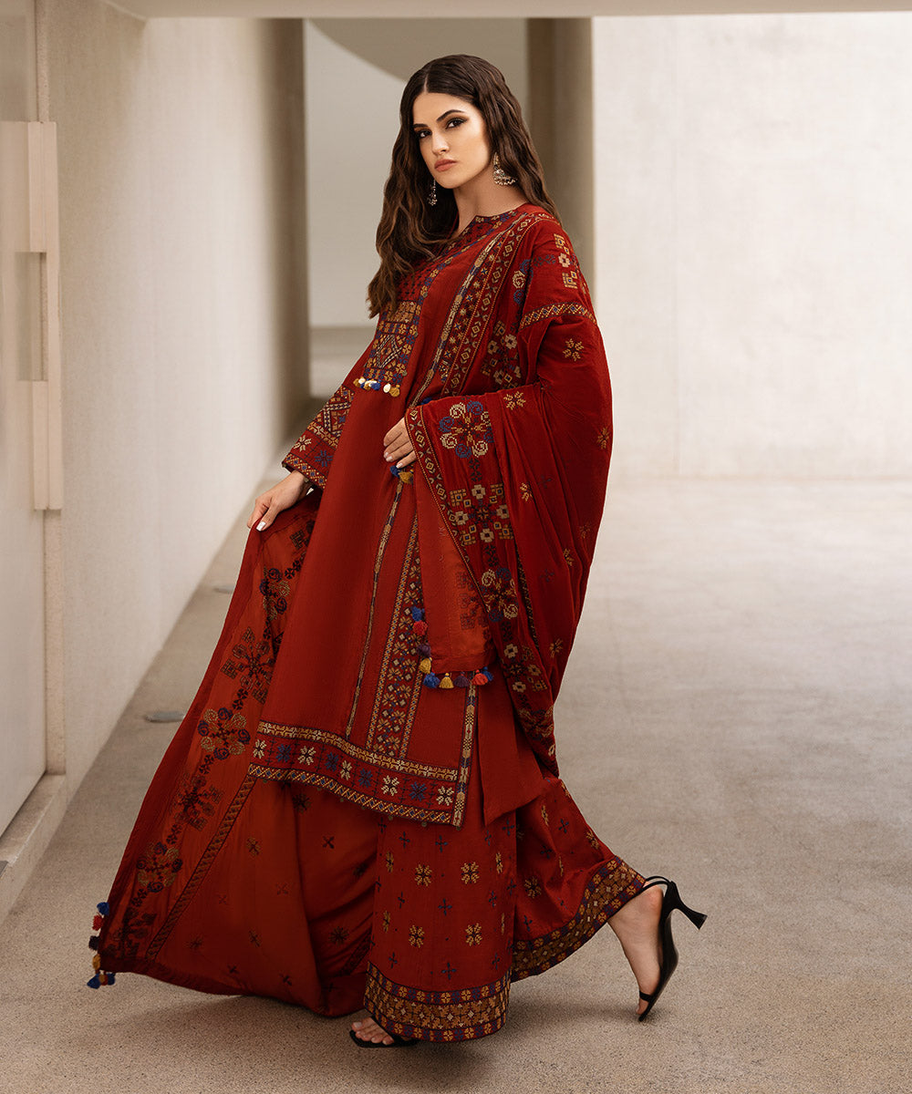 Women's Unstitched Embroidered Viscose Raw Silk Red 3 Piece Suit