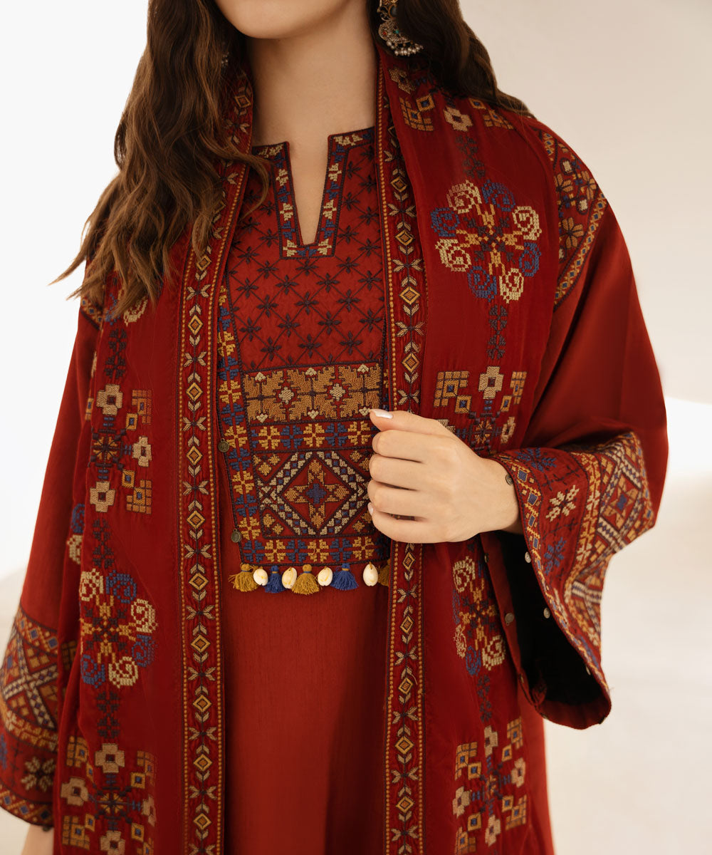 Women's Unstitched Embroidered Viscose Raw Silk Red 3 Piece Suit