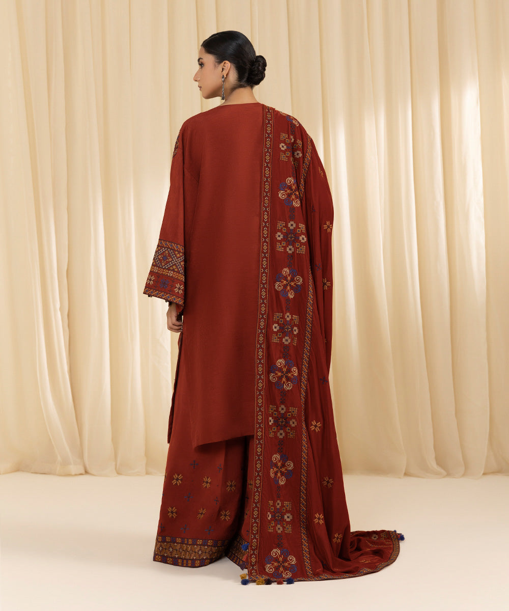 Women's Unstitched Embroidered Viscose Raw Silk Red 3 Piece Suit