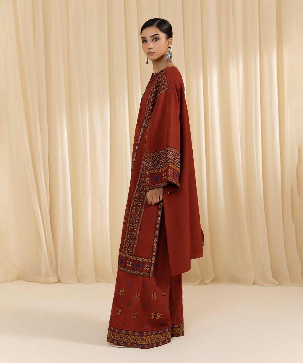 Women's Unstitched Embroidered Viscose Raw Silk Red 3 Piece Suit