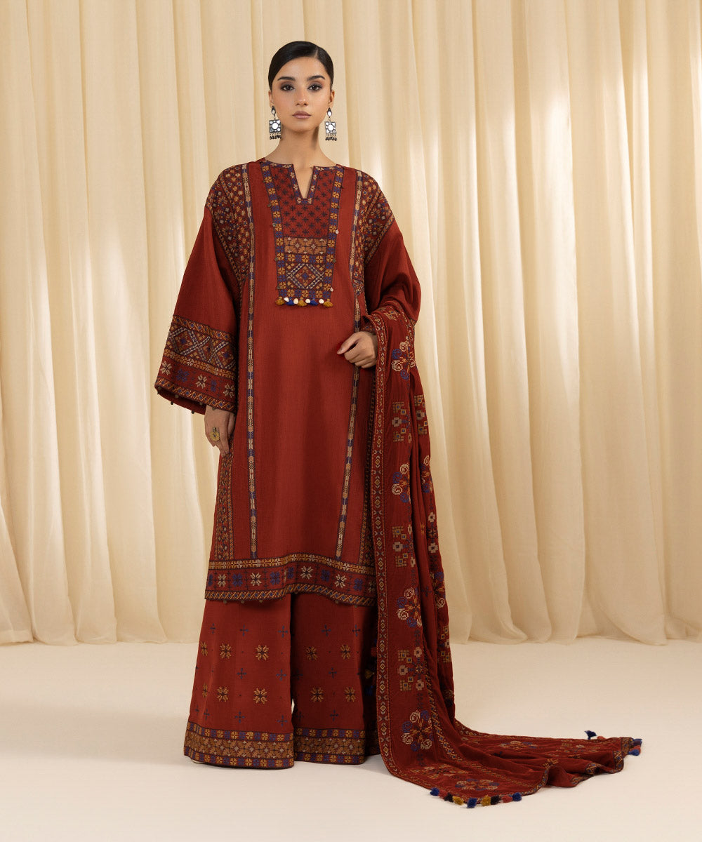 Women's Unstitched Embroidered Viscose Raw Silk Red 3 Piece Suit