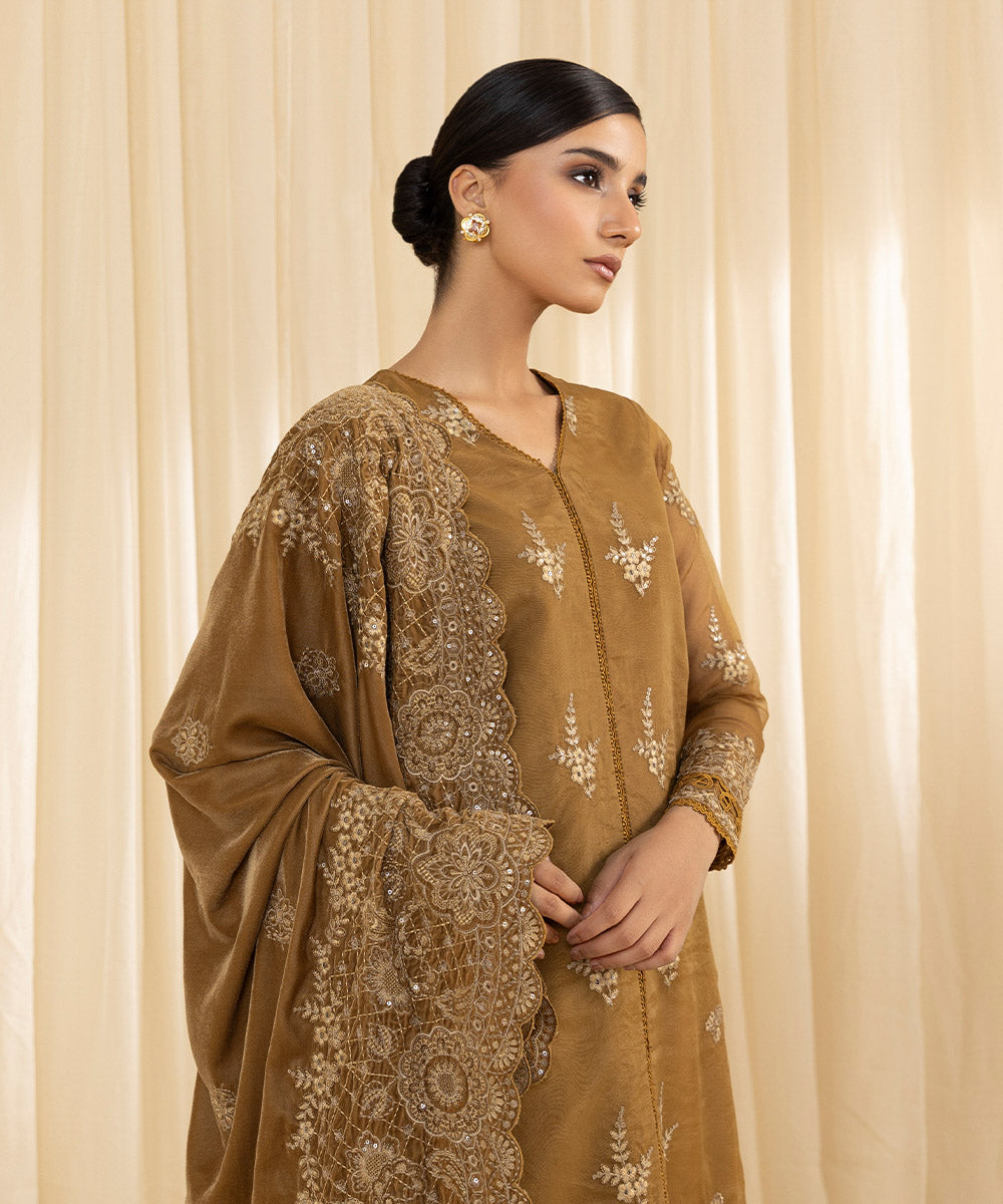 Women's Unstitched Embroidered Blended Organza Brown 3 Piece Suit