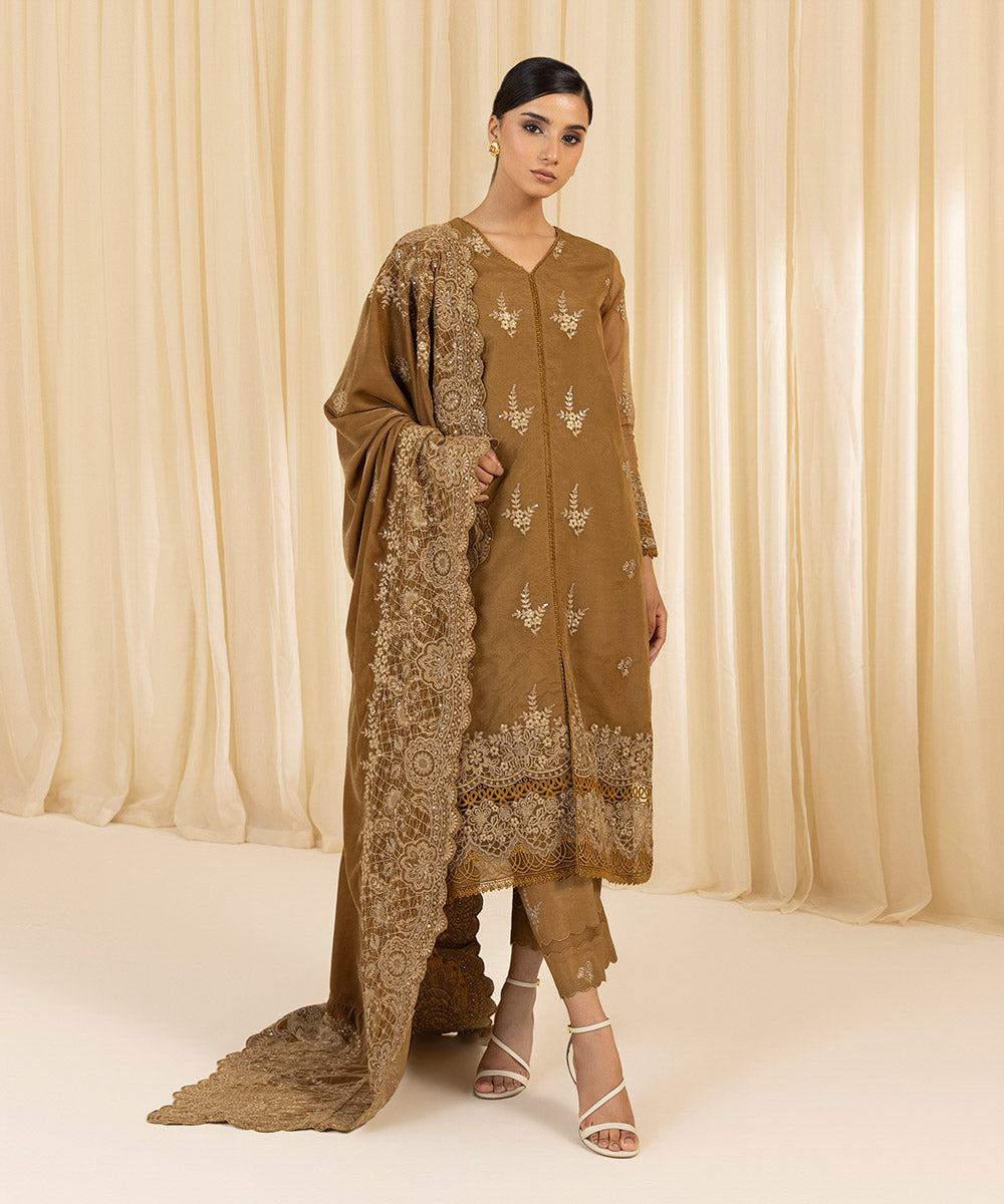 Women's Unstitched Embroidered Blended Organza Brown 3 Piece Suit