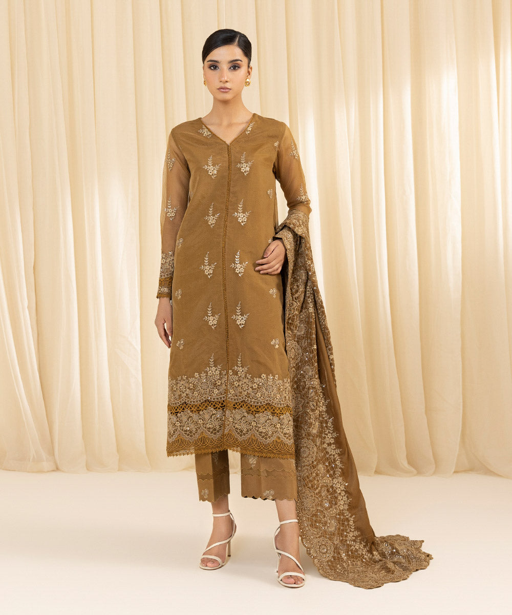 Women's Unstitched Embroidered Blended Organza Brown 3 Piece Suit