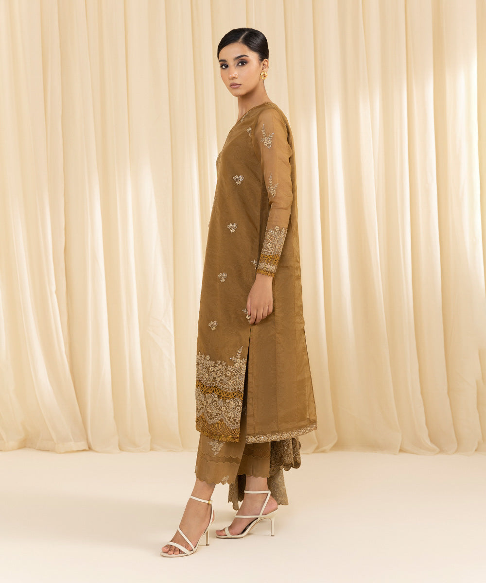 Women's Unstitched Embroidered Blended Organza Brown 3 Piece Suit