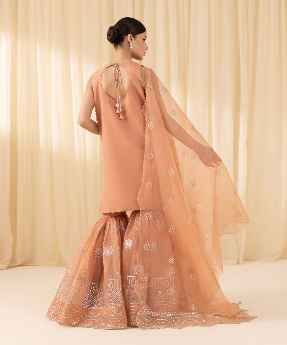 Women's Unstitched Embroidered Blended Organza Orange 3 Piece Suit