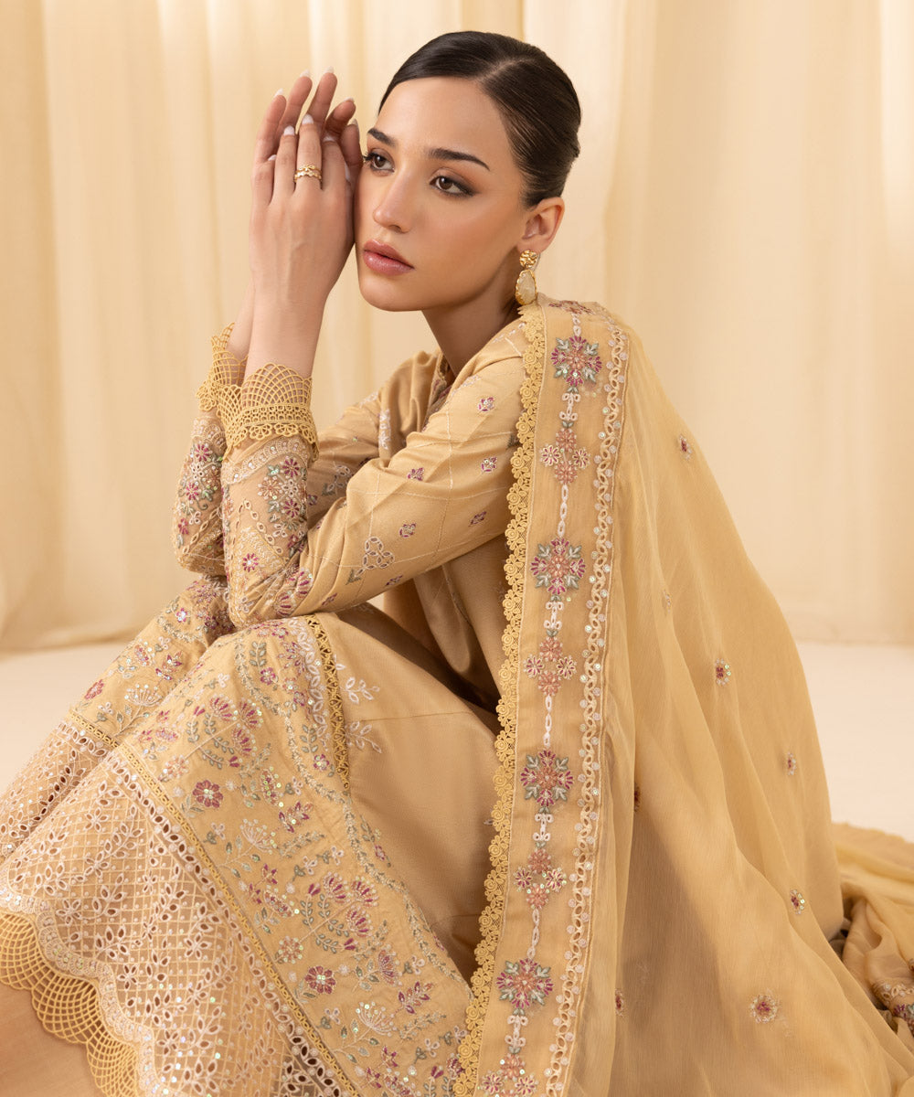 Women's Unstitched Embroidered Silk Cotton Net Yellow 3 Piece Suit