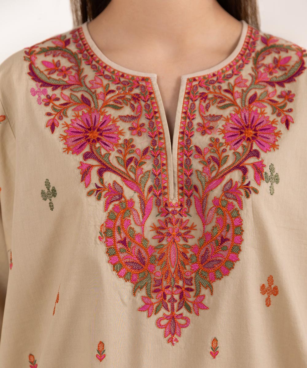 Women's Pret Lawn Embroidered Beige Drop Shoulder Shirt