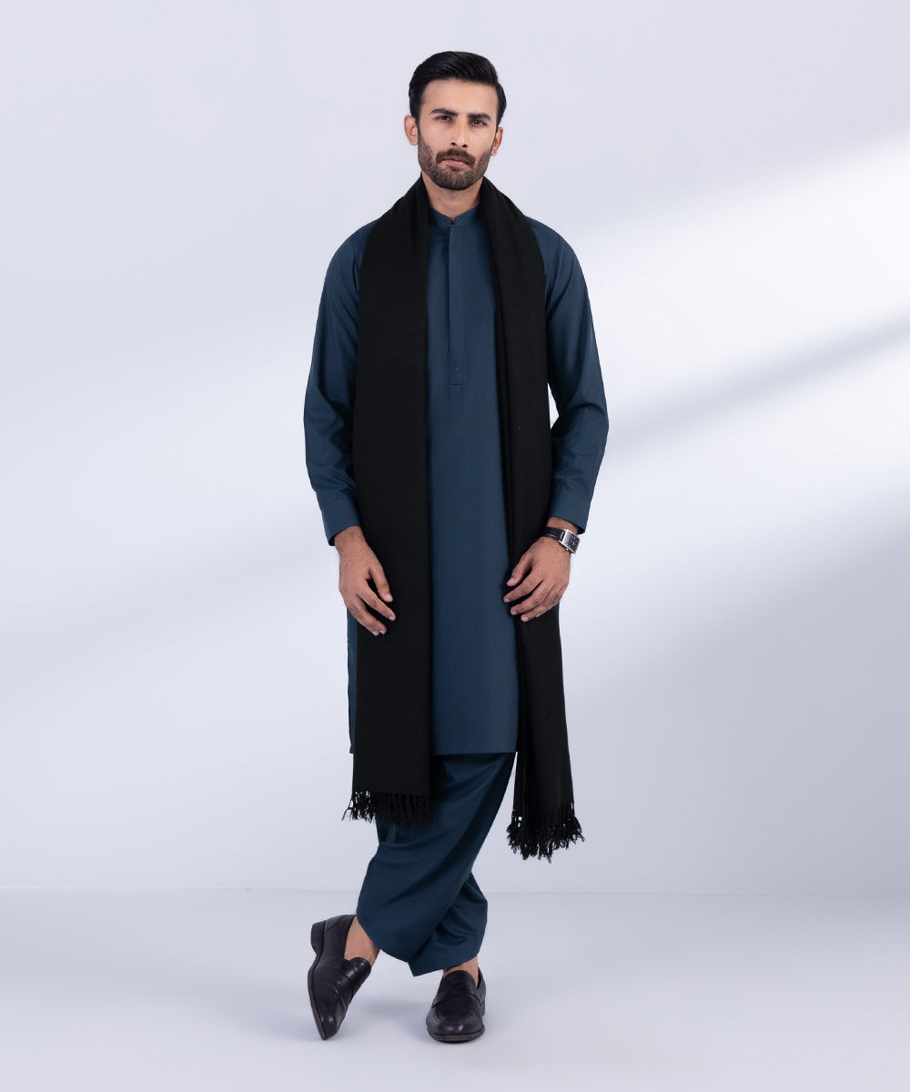 Men's Unstitched Black Blended Shawl Full Suit Fabric