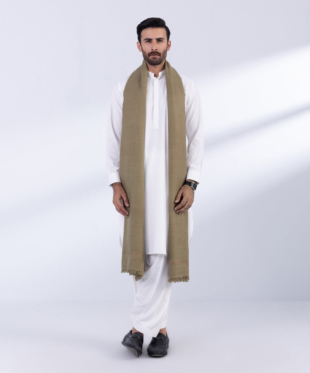 Men's Unstitched Khaki Premium Pashmina Wool Shawl Full Suit Fabric