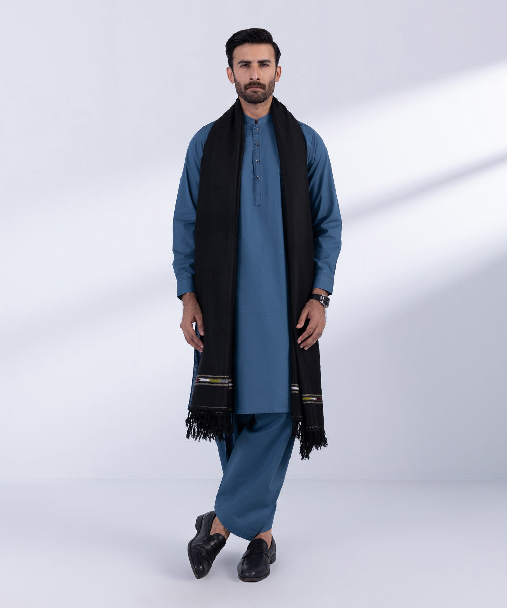 Men's Unstitched Black Blended Shawl Full Suit Fabric