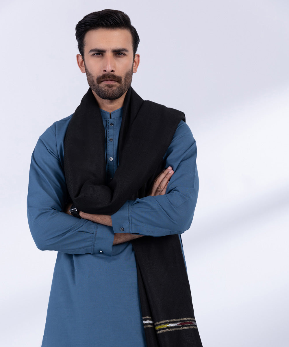 Men's Unstitched Black Blended Shawl Full Suit Fabric