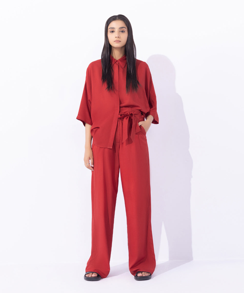 Women's Western Wear Red Drapey Trousers With Belt