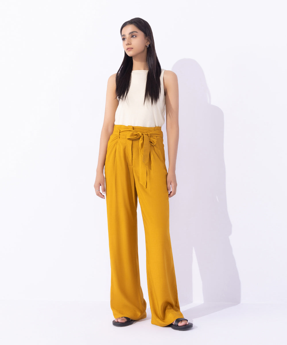 Women's Western Wear Yellow Drapey Trousers With Belt