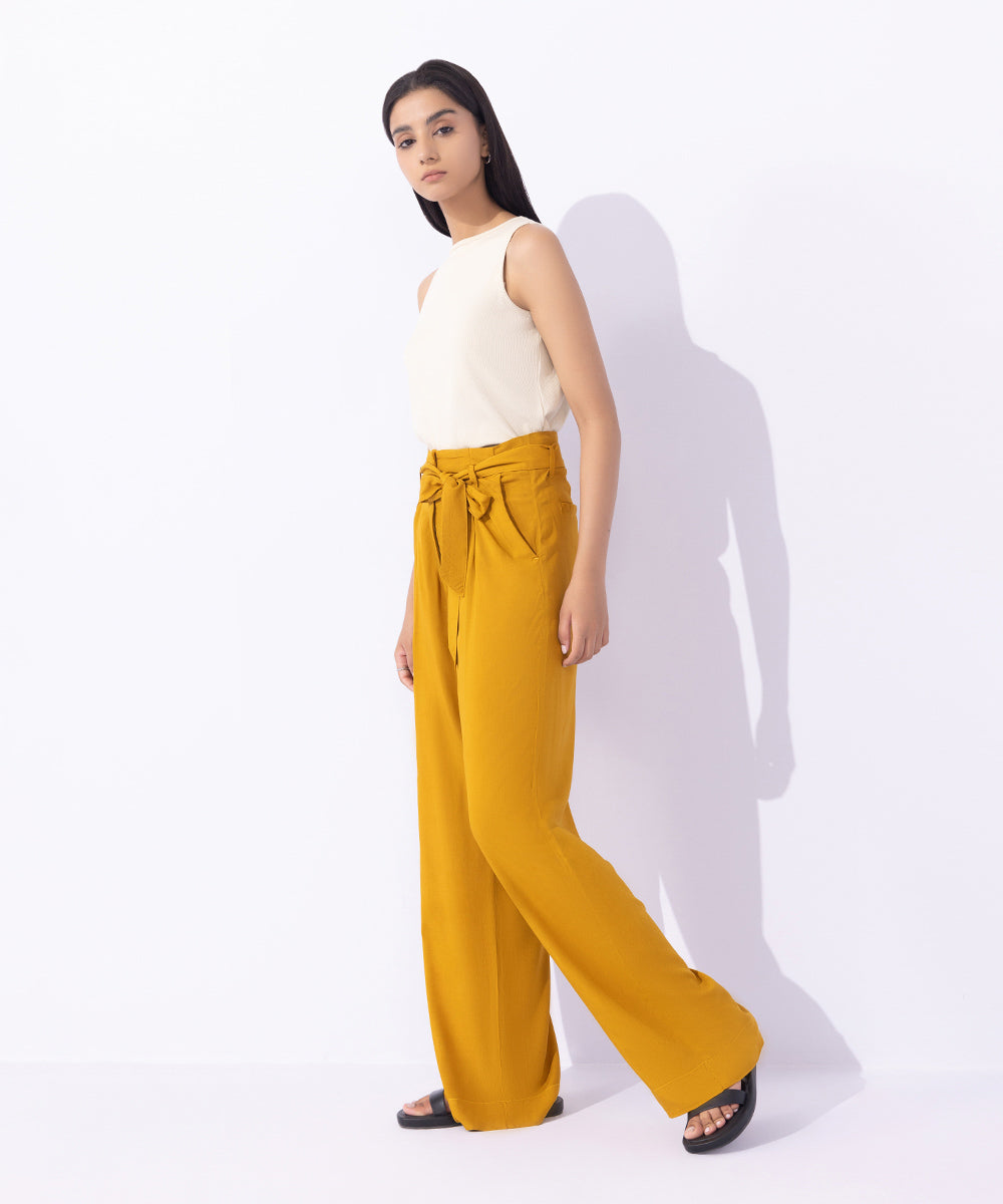 Women's Western Wear Yellow Drapey Trousers With Belt