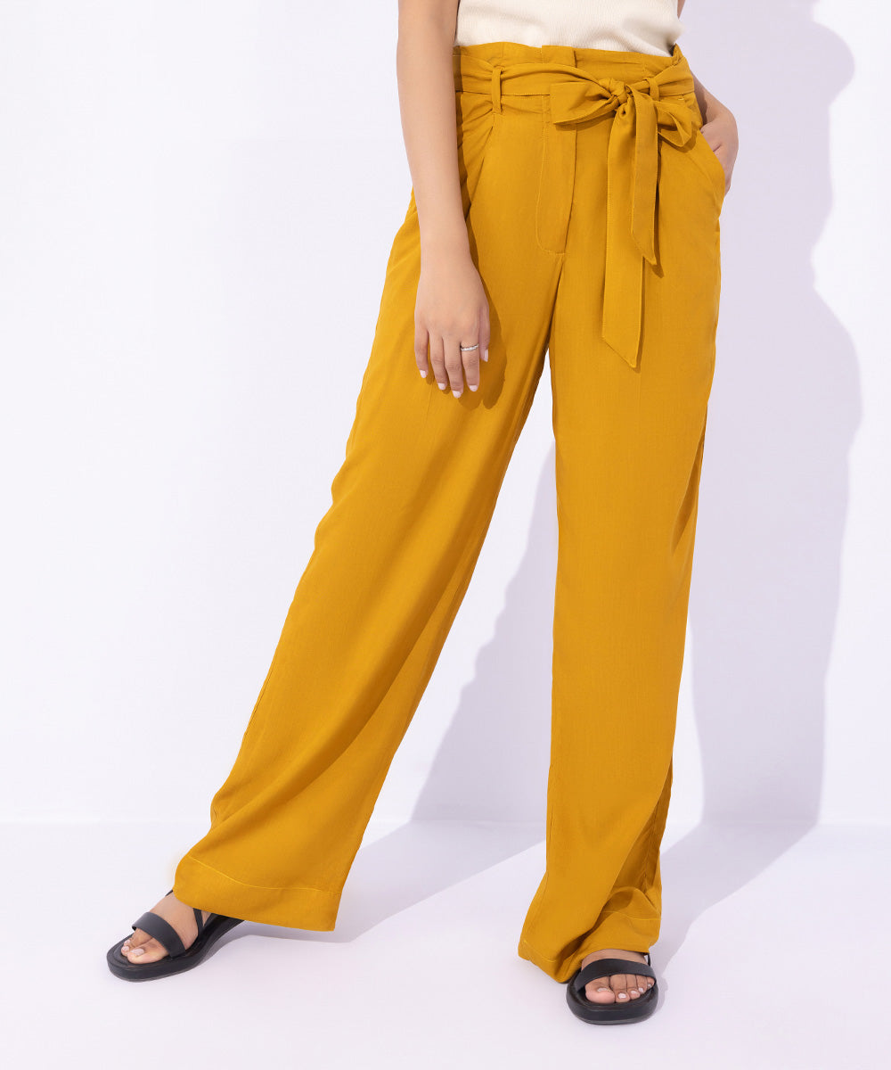 Women's Western Wear Yellow Drapey Trousers With Belt