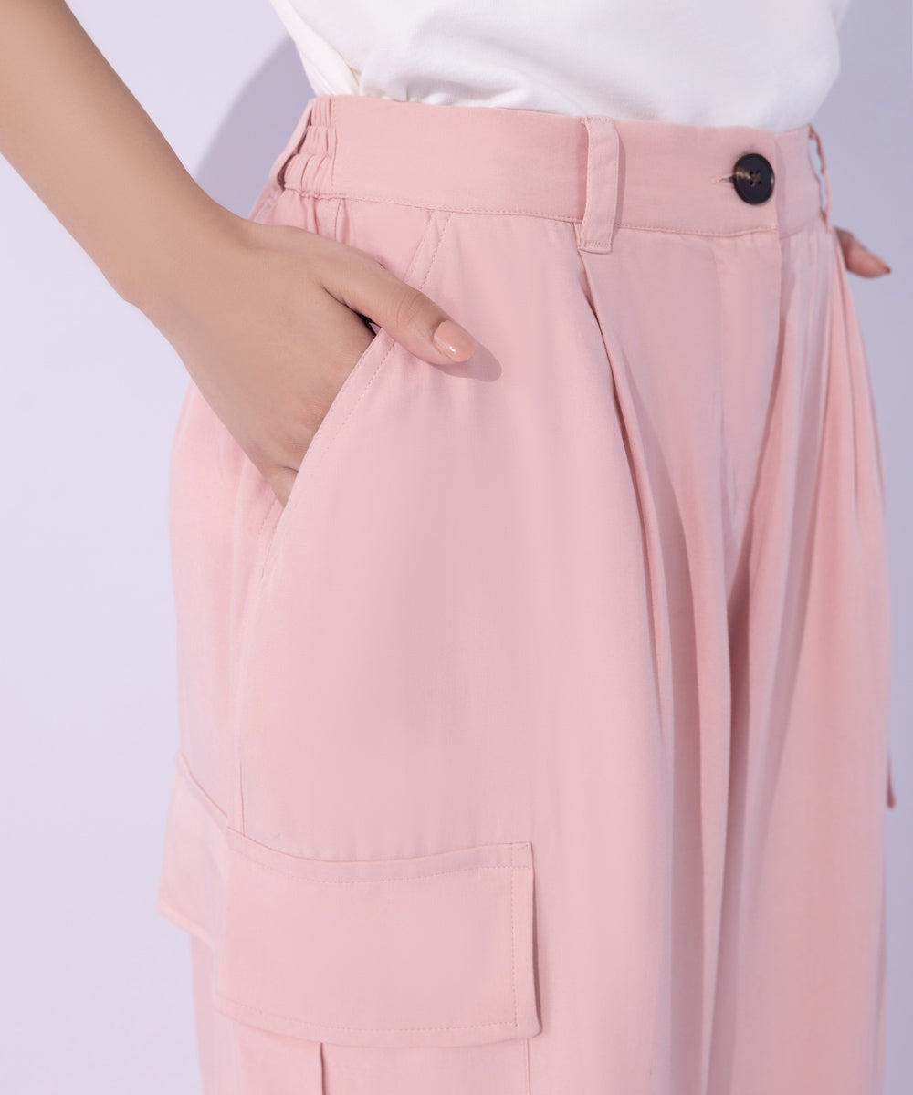 Women's Western Wear Pink Flowy Cargo Pants With Adjustable Hem.