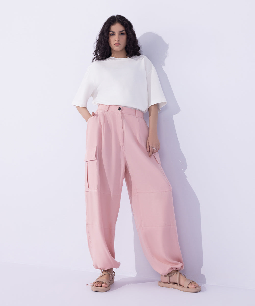 Women's Western Wear Pink Flowy Cargo Pants With Adjustable Hem.