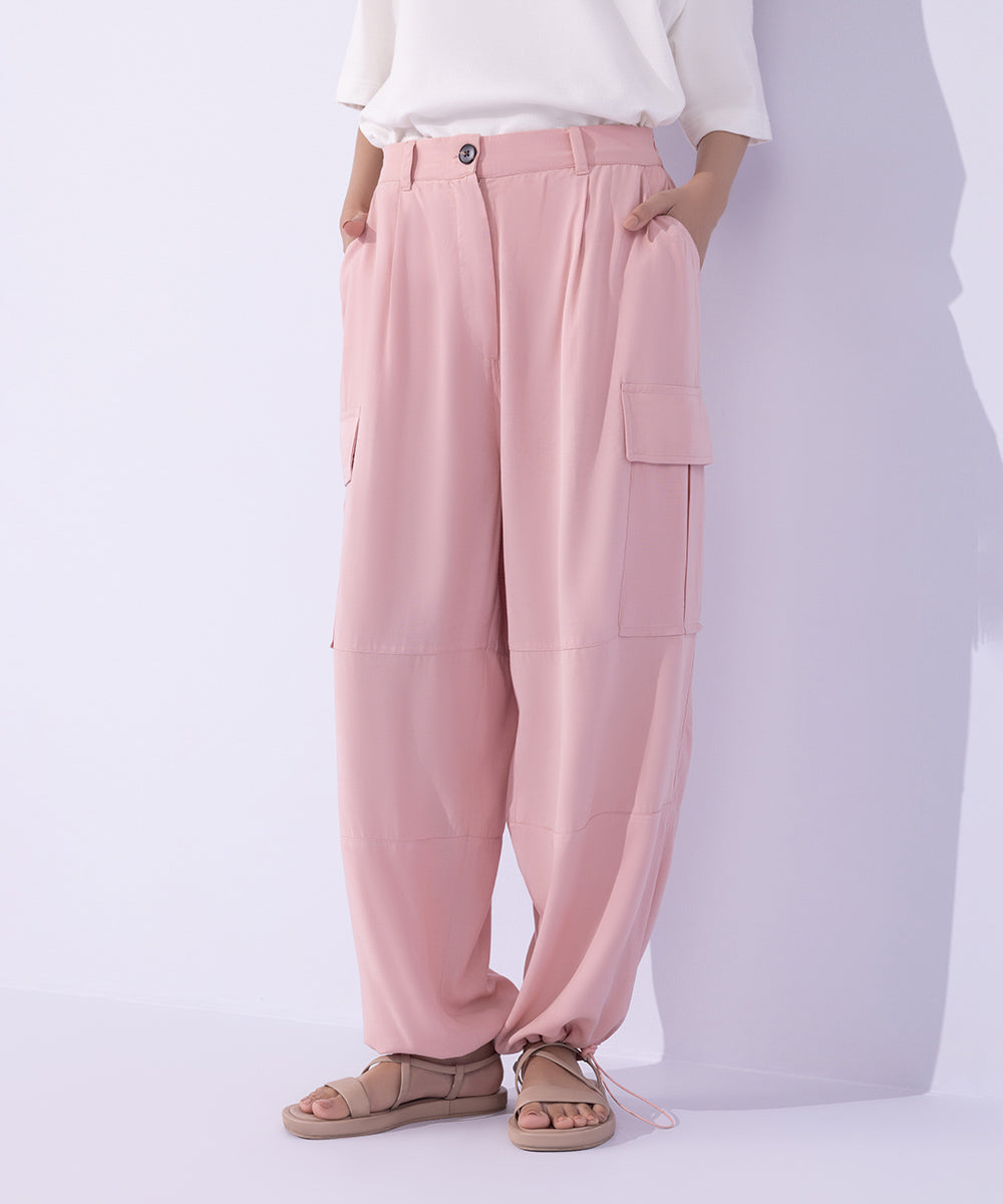 Women's Western Wear Pink Flowy Cargo Pants With Adjustable Hem.