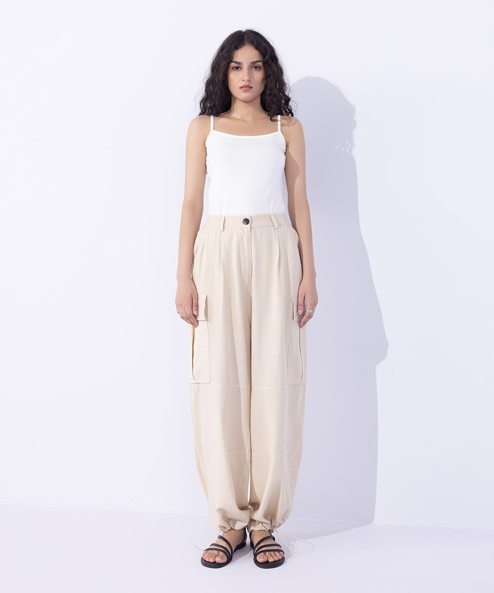 Women's Western Wear Beige Flowy Cargo Pants With Adjustable Hem.